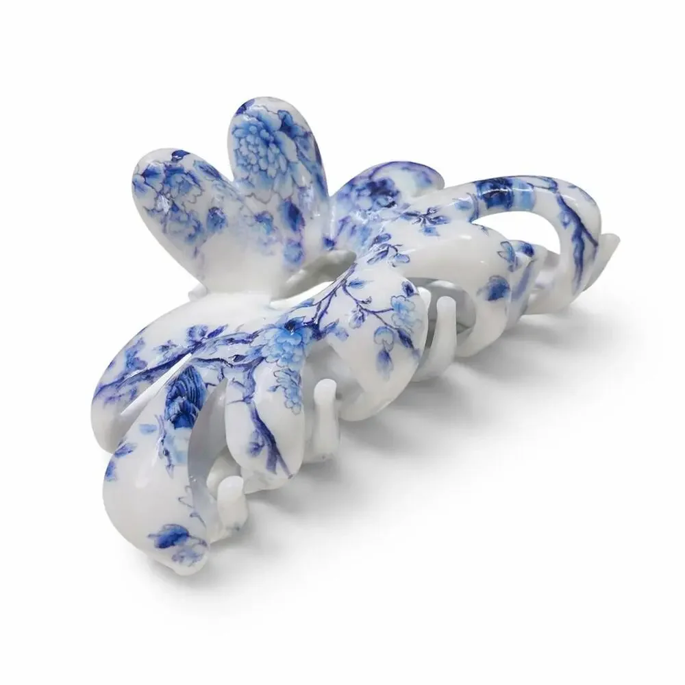 Blue Porcelain Bloom Claw Clip – Coastal Floral Hair Clip Medium Glossy Everyda